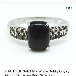 SOLID 14k WHITE GOLD / ONYX / DIAMONDS